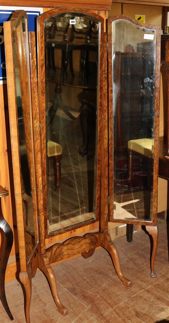 Walnut cheval mirror with 3 panels